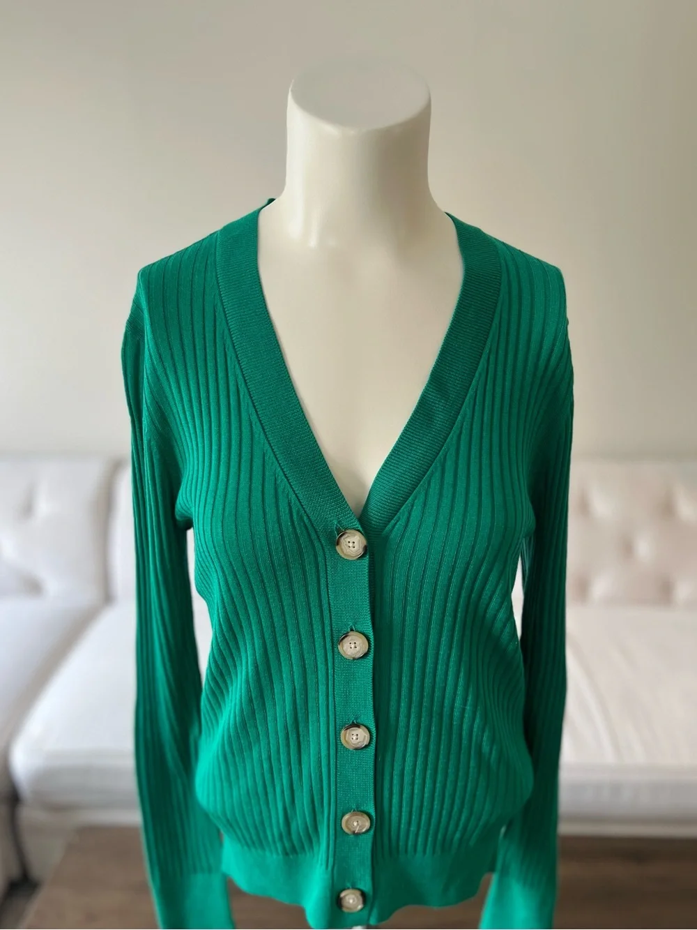 LOFT Ribbed Button-Front V-Neck Cardigan - Picture 3 of 10